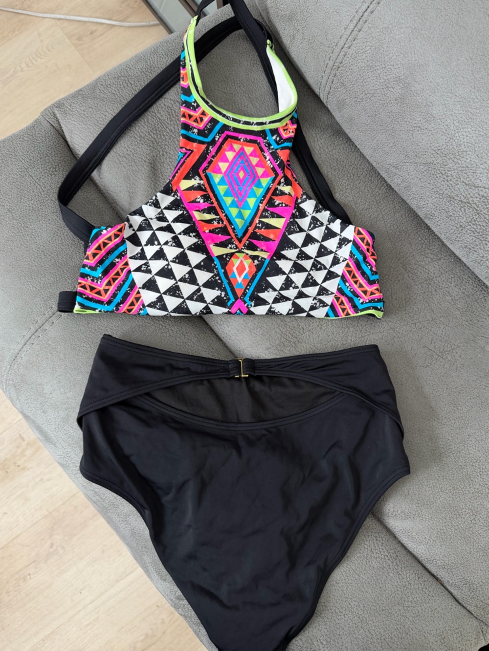 Victoria's Secret Black High-Neck Bikini Top with Neon Multicolor Aztec Bottoms